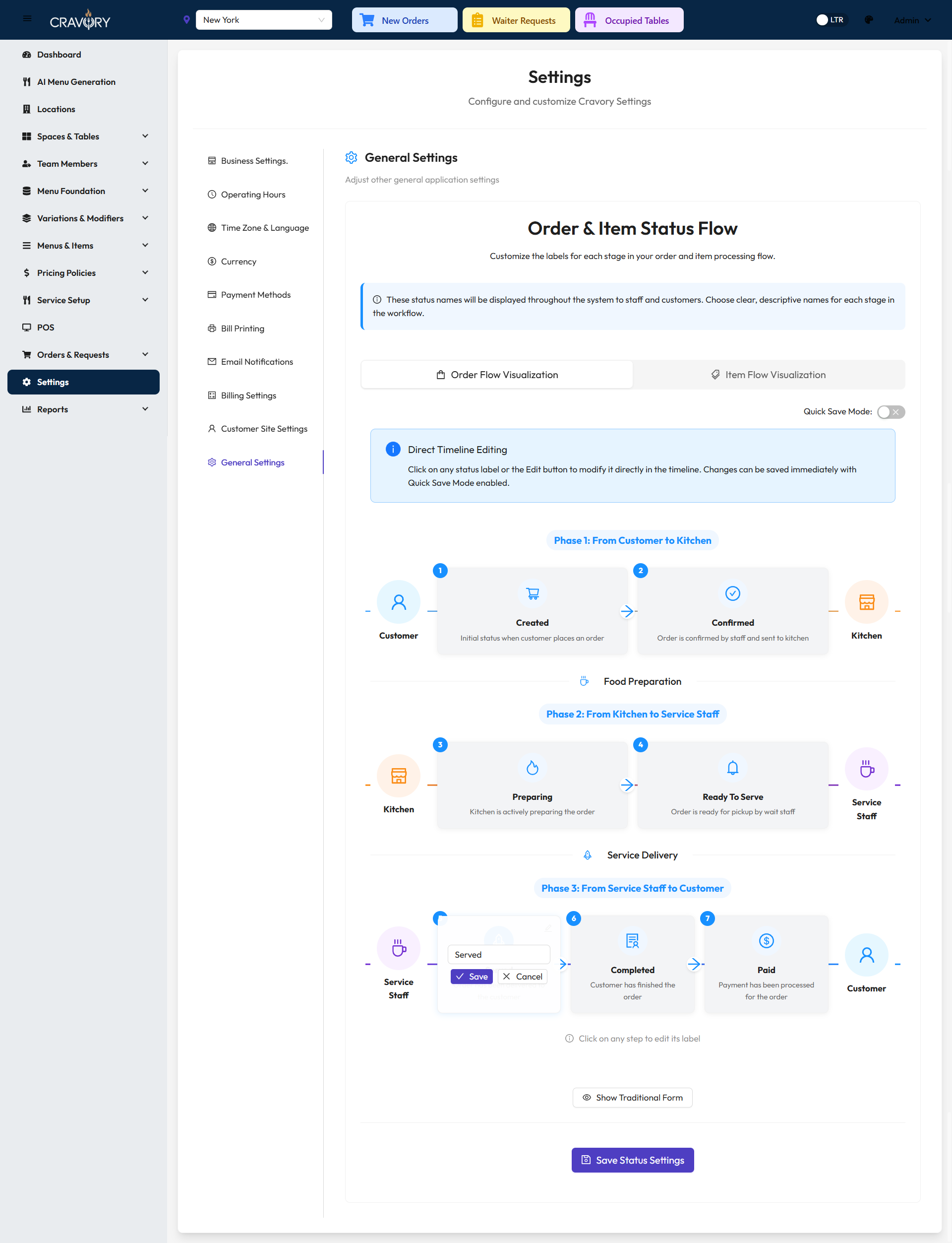 Order Served Status Configuration