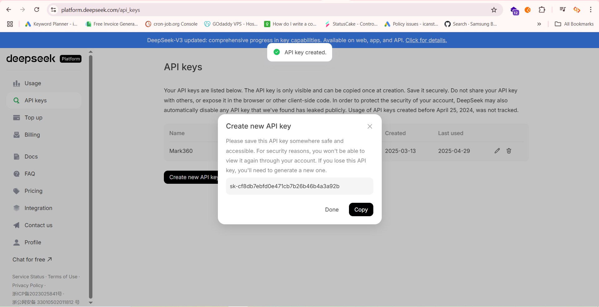 Copy DeepSeek API Key