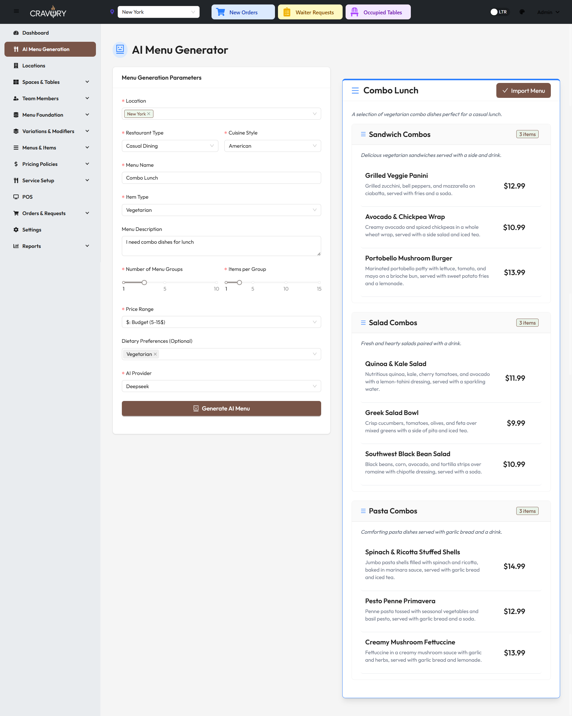 Generated Menu and Items