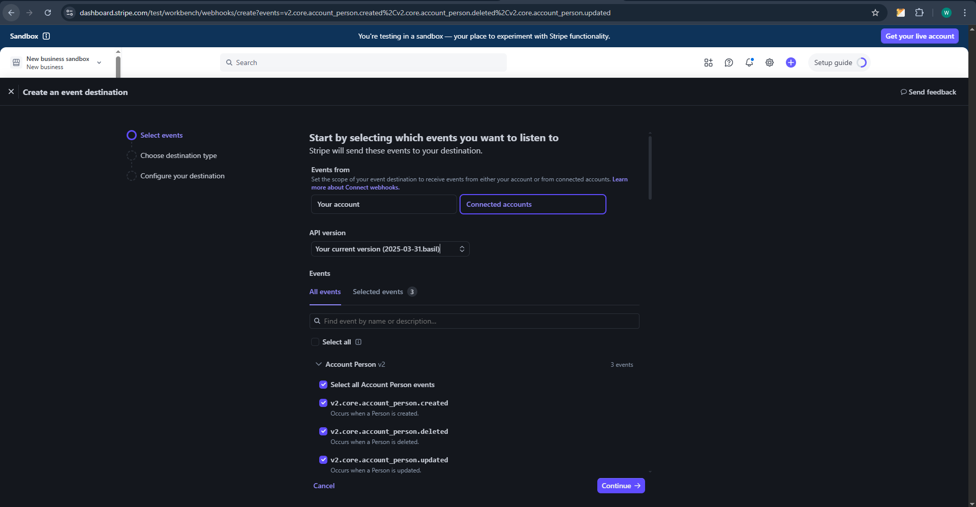 Screenshot showing event selection for Stripe webhooks