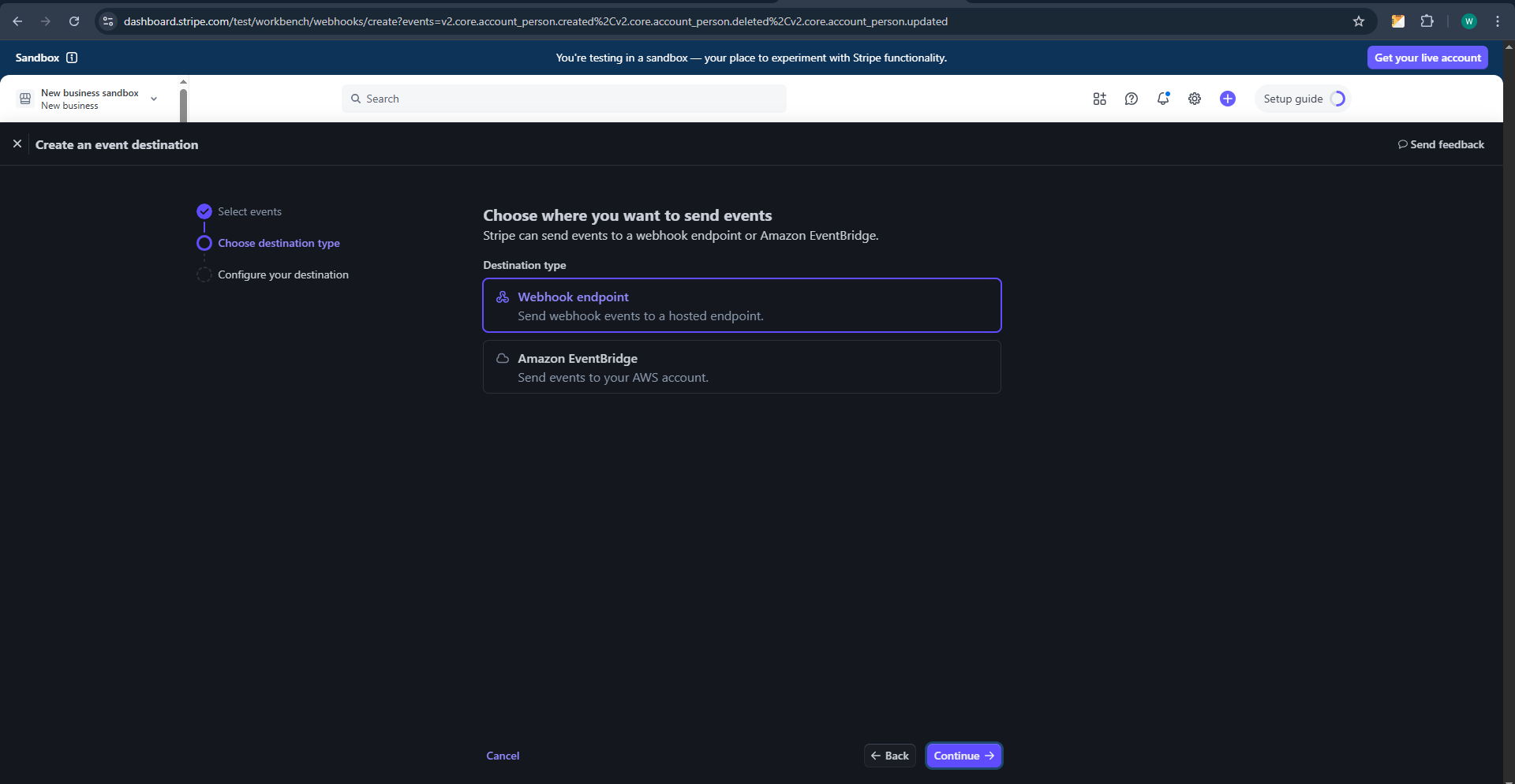 Screenshot showing webhook endpoint options in Stripe