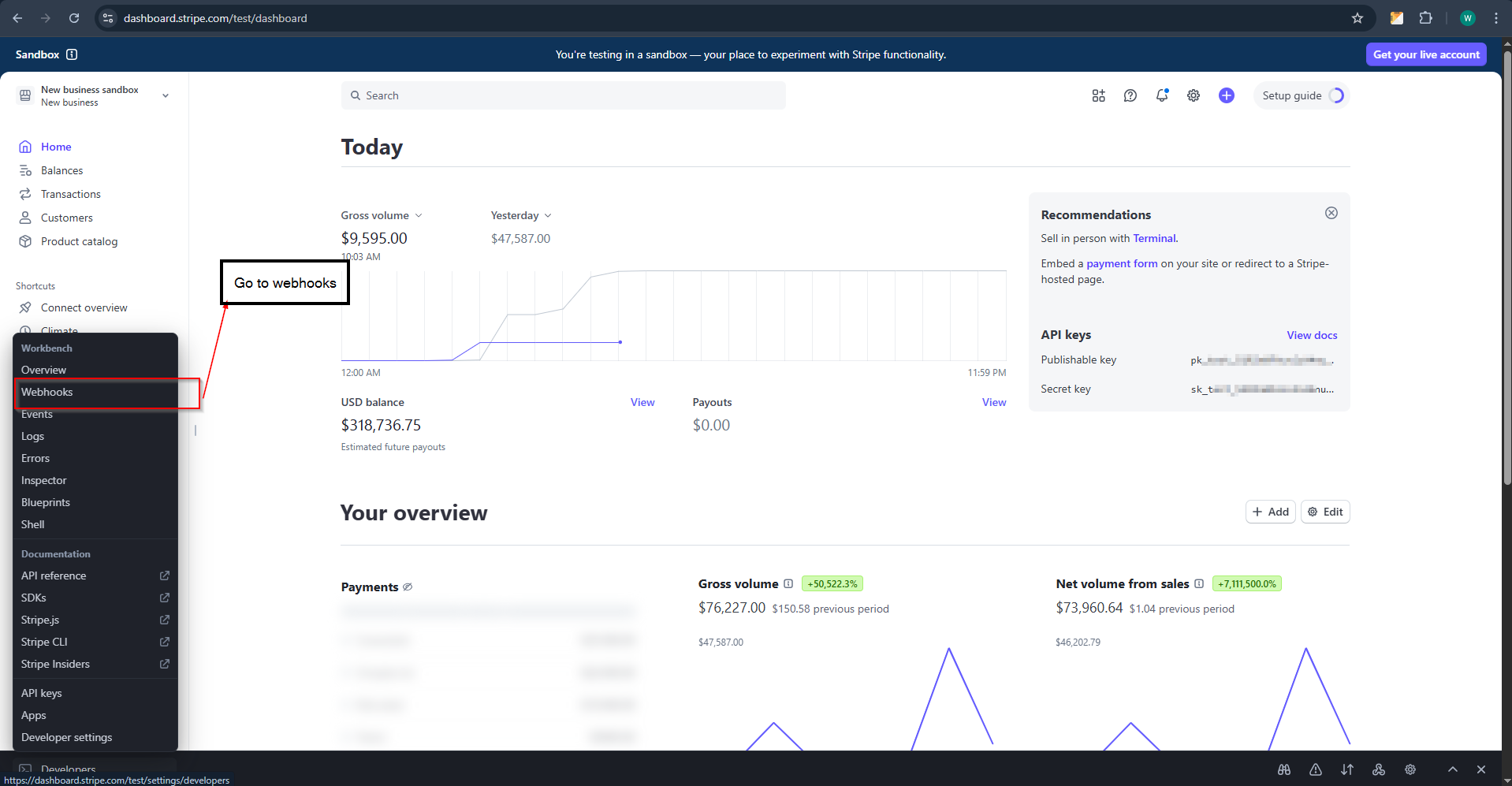 Screenshot showing how to access Webhooks in Stripe Dashboard