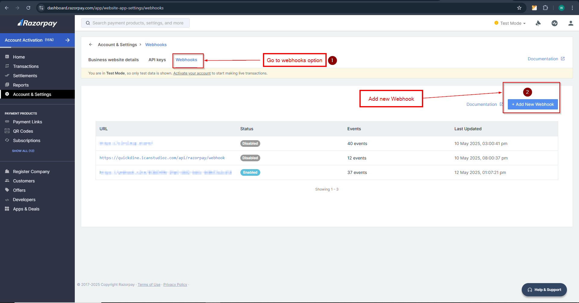 Screenshot showing how to add a new webhook in Razorpay