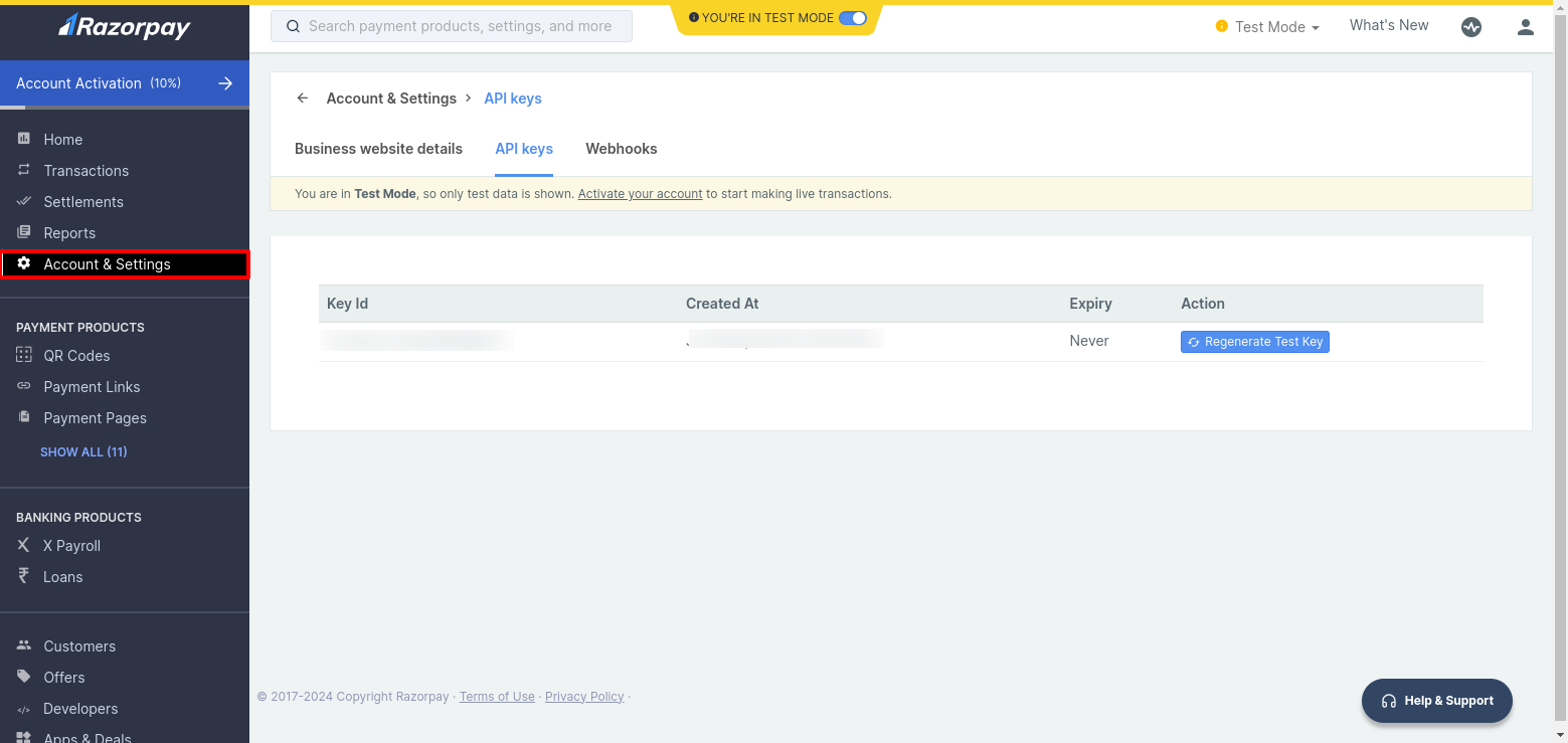 Screenshot showing Settings and API Keys menu in Razorpay dashboard