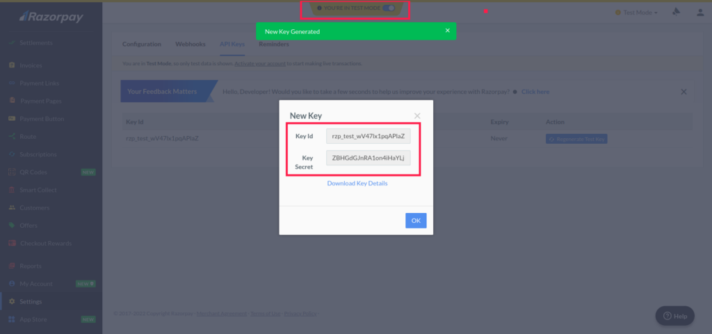 Screenshot showing the Key ID and Key Secret generation dialog