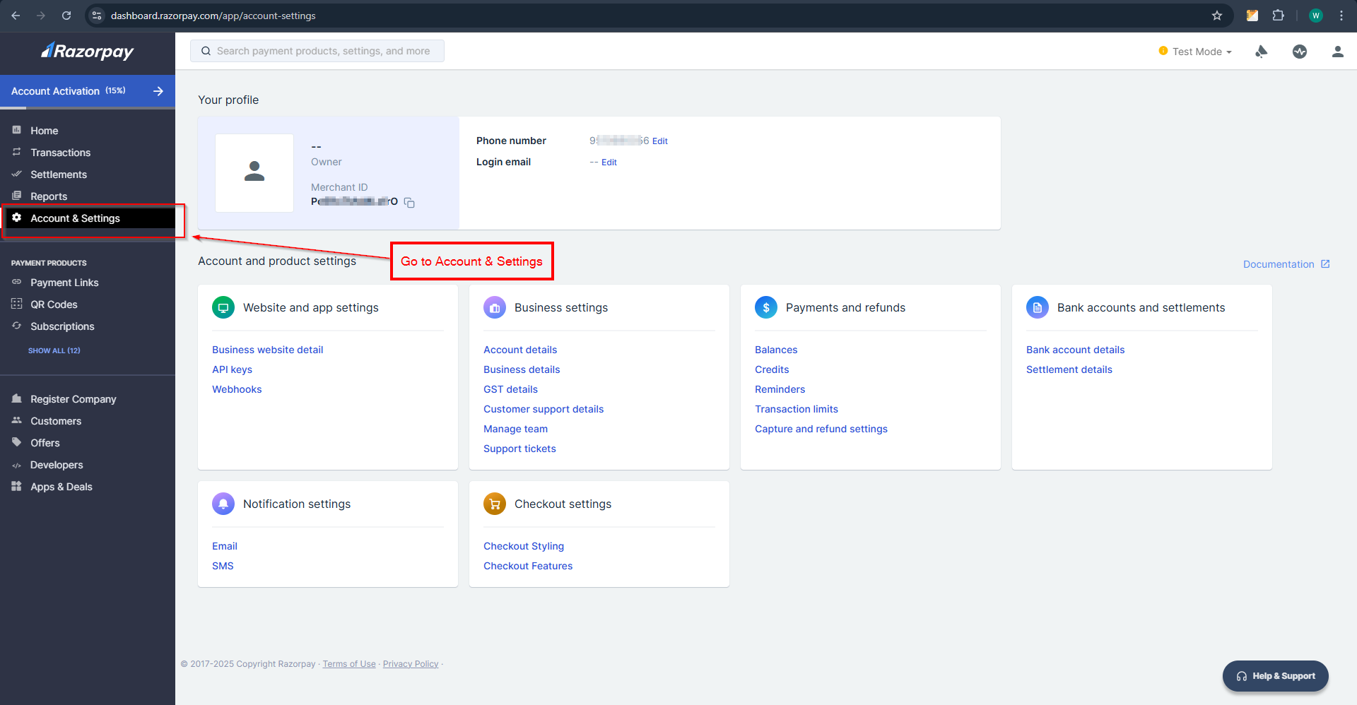 Screenshot showing how to access Account & Settings in Razorpay
