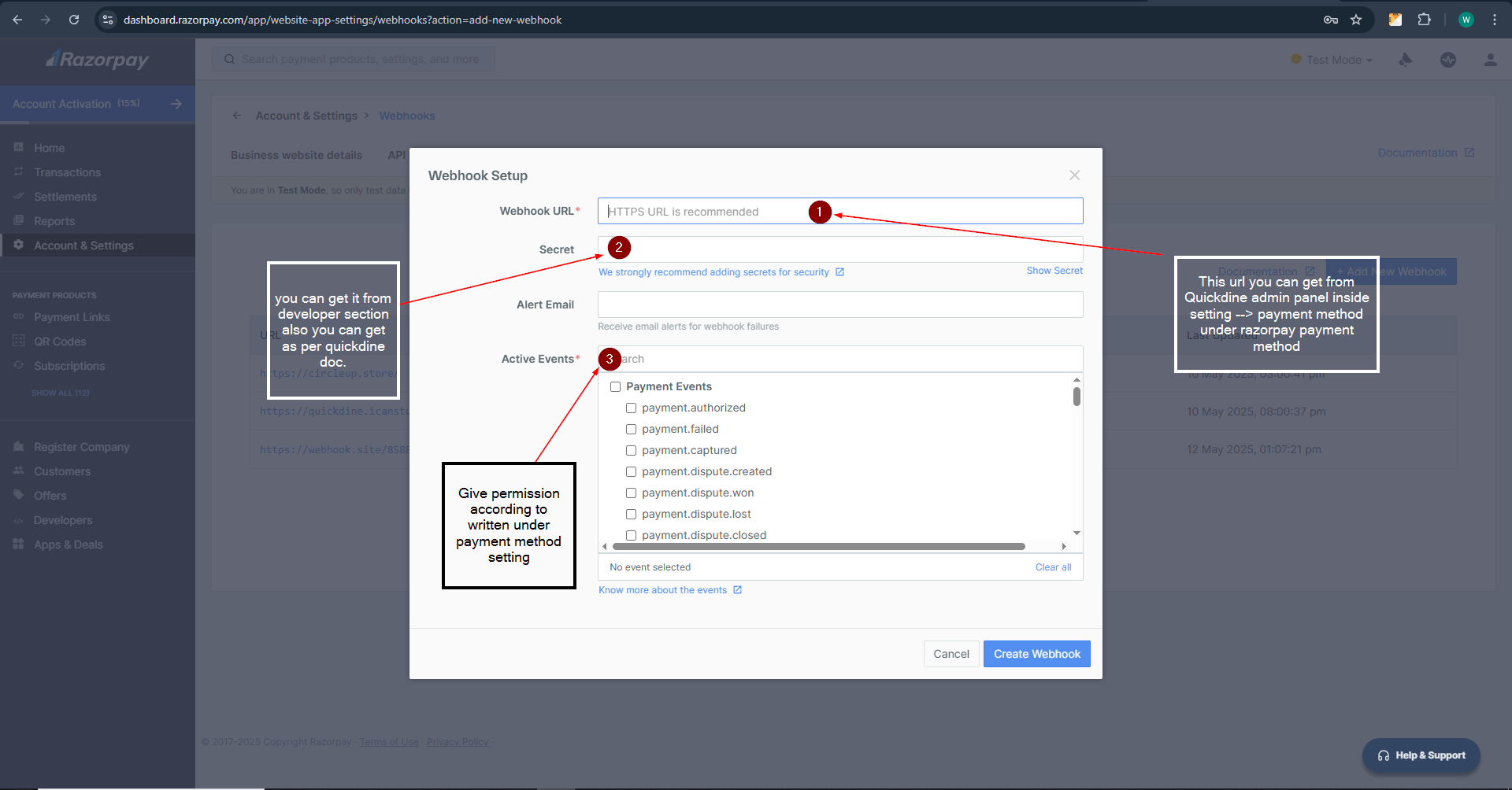 Screenshot showing webhook configuration settings in Razorpay